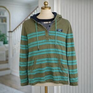 Ll Bean Green Striped Rugby Hoodie Pullover Sweater Small